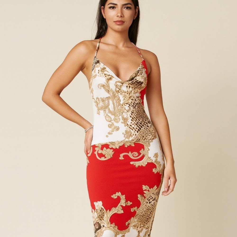 G by Guess Red, White, + Gold Baroque Print Halter Mini Dress Size XS